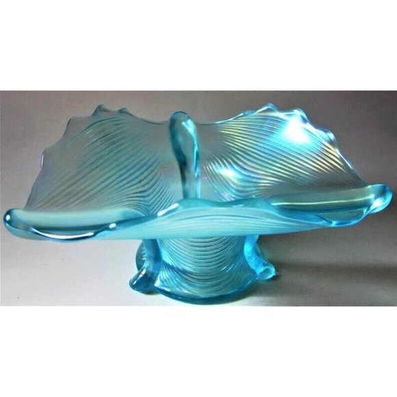 Northwood Other - Flashy Electric Radium Northwood Blue Carnival Glass Drapery Candy Dish Vintage